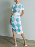 Chic Elegant Blue-White Colorblock Round-Neck Short Sleeve Slim Fit Side Slit Knit Midi Dress