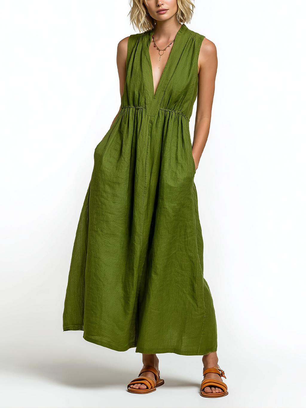 Chic Elegant Green V-Neck Sleeveless Slim-Fit A-Line Zipper Cotton-linen Blend Maxi Dress