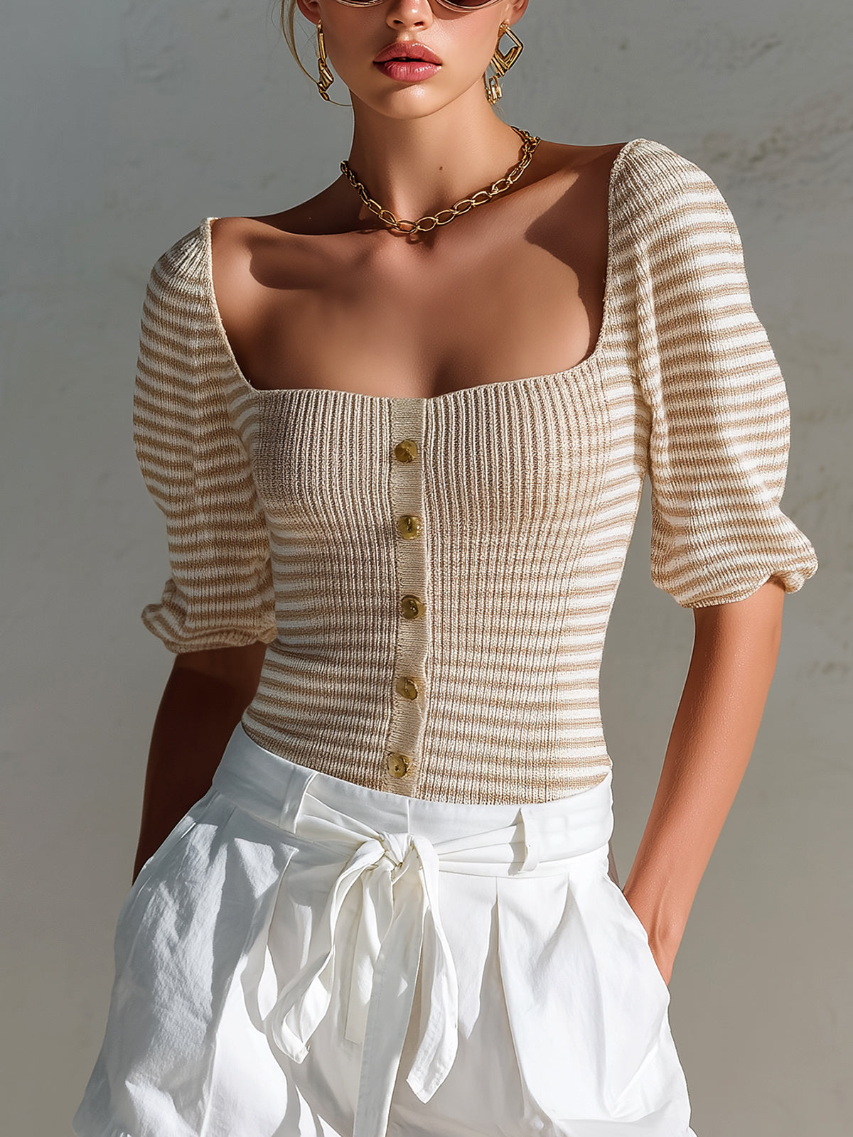 Chic Elegant Camel-White Stripes Square Neck Half-Sleeve Button-Front Slim-Fit Knit Sweater Top