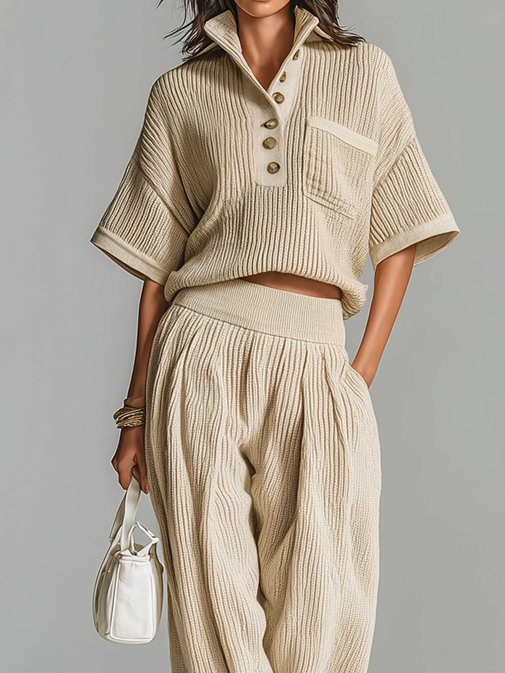 Fashion Casual Beige Stand Collar Button-Up Short-Sleeve Loose Sweater Wide-Leg Pants Knit Two-Piece Set
