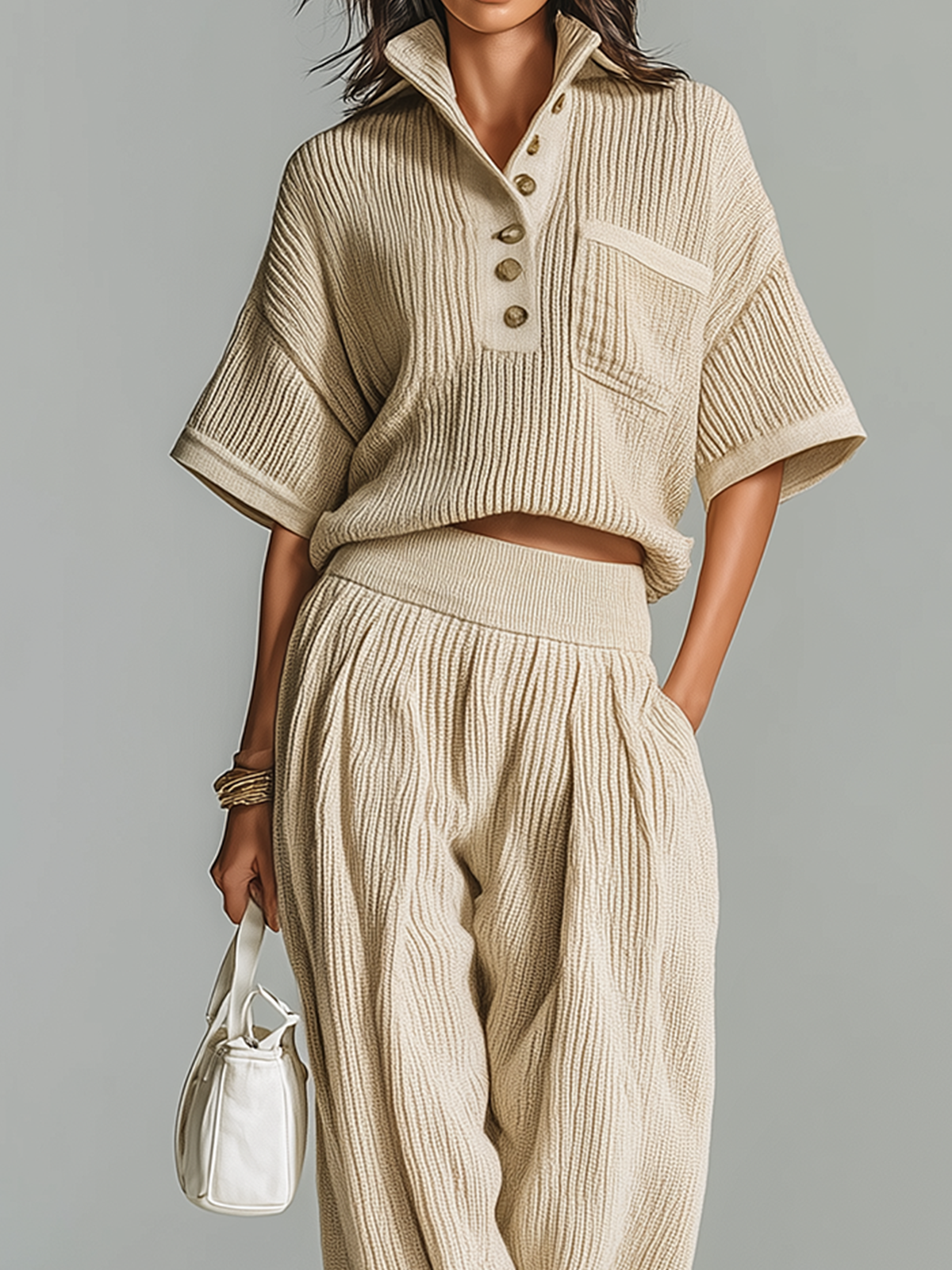 Fashion Casual Beige Stand Collar Button-Up Short-Sleeve Loose Sweater Wide-Leg Pants Knit Two-Piece Set
