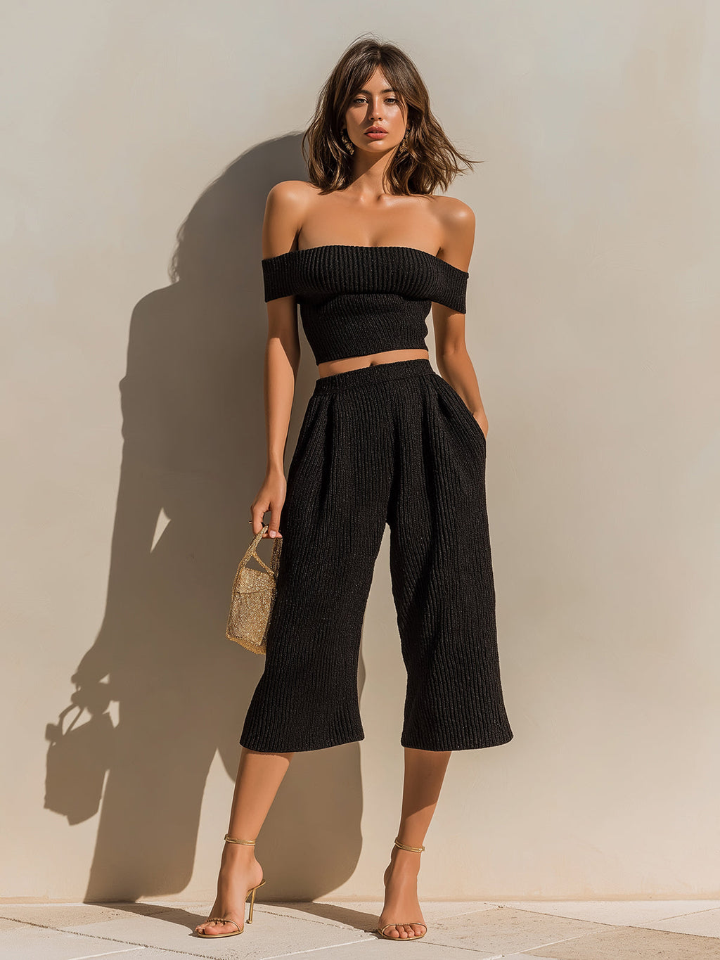 Chic Elegant Black Off-The-Shoulder Slim-Fit Cropped Top Wide-Leg Cropped Pants Ribbed Knit Two-Piece Set
