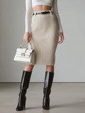 Chic Elegant Beige High Waist Belted Slim-Fit Ribbed Knit Midi Pencil Skirt