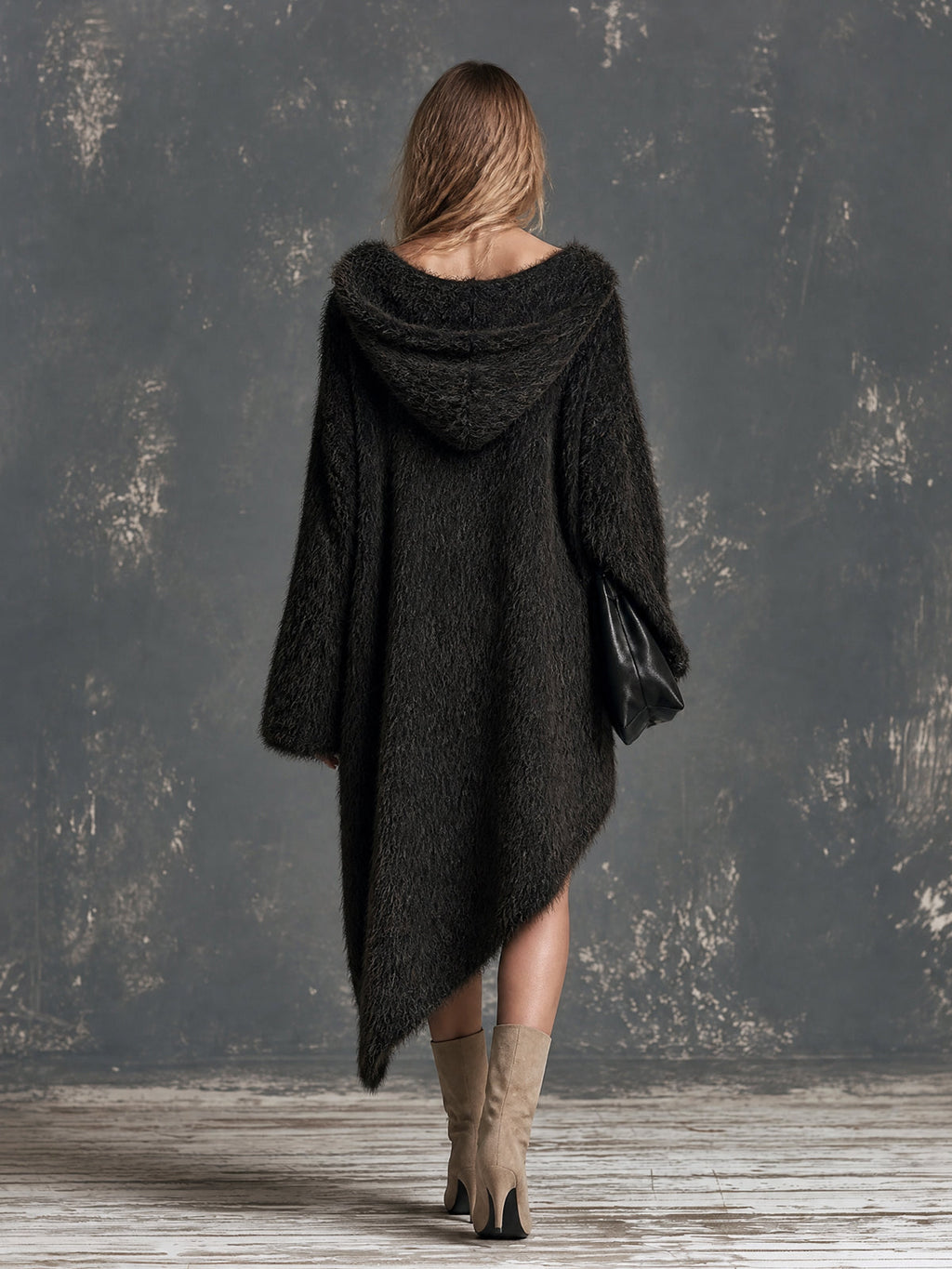 Chic Elegant Black Zipper-Up Hooded Collar Long-Flare-Sleeve Asymmetrical Hem Oversize Warm Knit Midi Dress