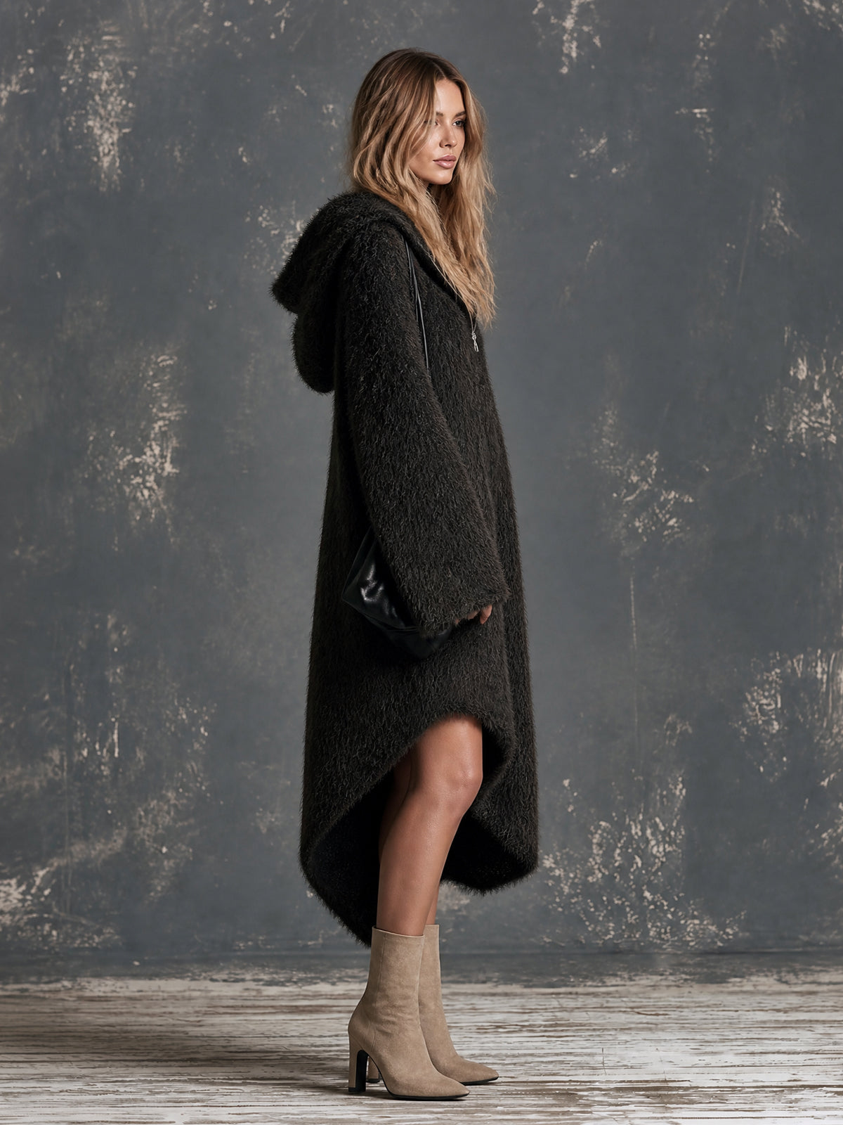 Chic Elegant Black Zipper-Up Hooded Collar Long-Flare-Sleeve Asymmetrical Hem Oversize Warm Knit Midi Dress