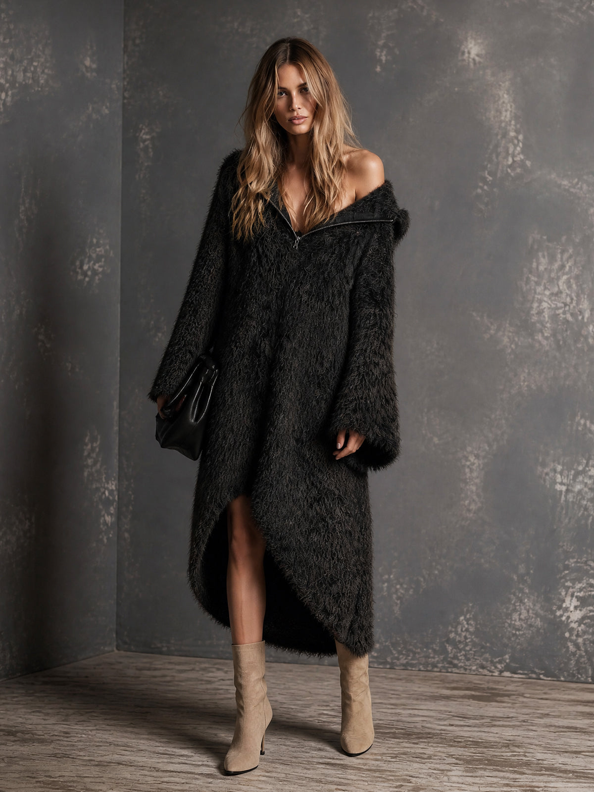 Chic Elegant Black Zipper-Up Hooded Collar Long-Flare-Sleeve Asymmetrical Hem Oversize Warm Knit Midi Dress