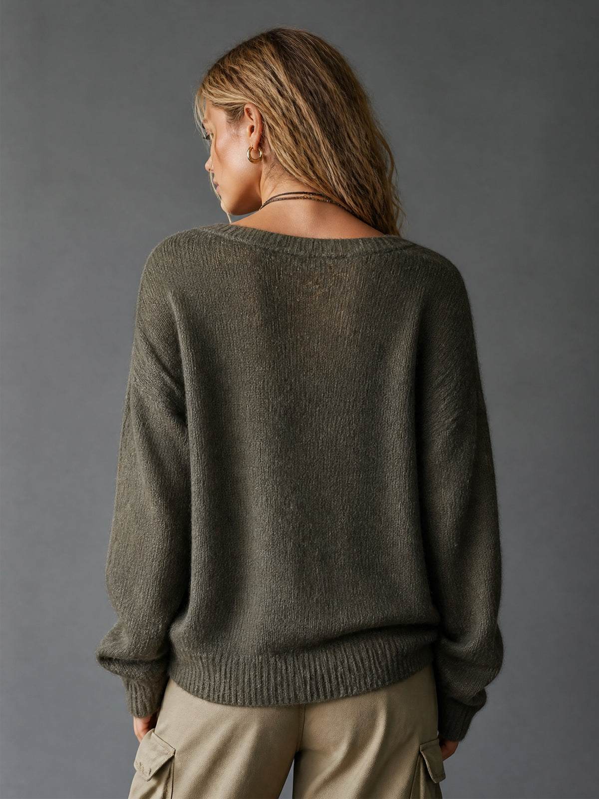 Chic Casual Army-Green V-Neck Decorative Buttons Dropped Shoulder Long-Sleeve Star Jacquard Loose-Fit Soft Knit Sweater