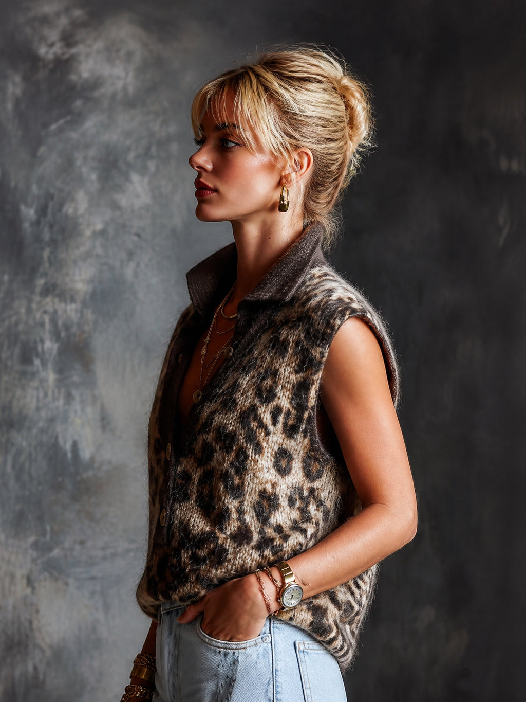 Chic Elegant Coffee-Camel Colorblock Leopard Jacquard Button-Up Lapel Collar Sleeveless Loose-Fit Knit Vest Top