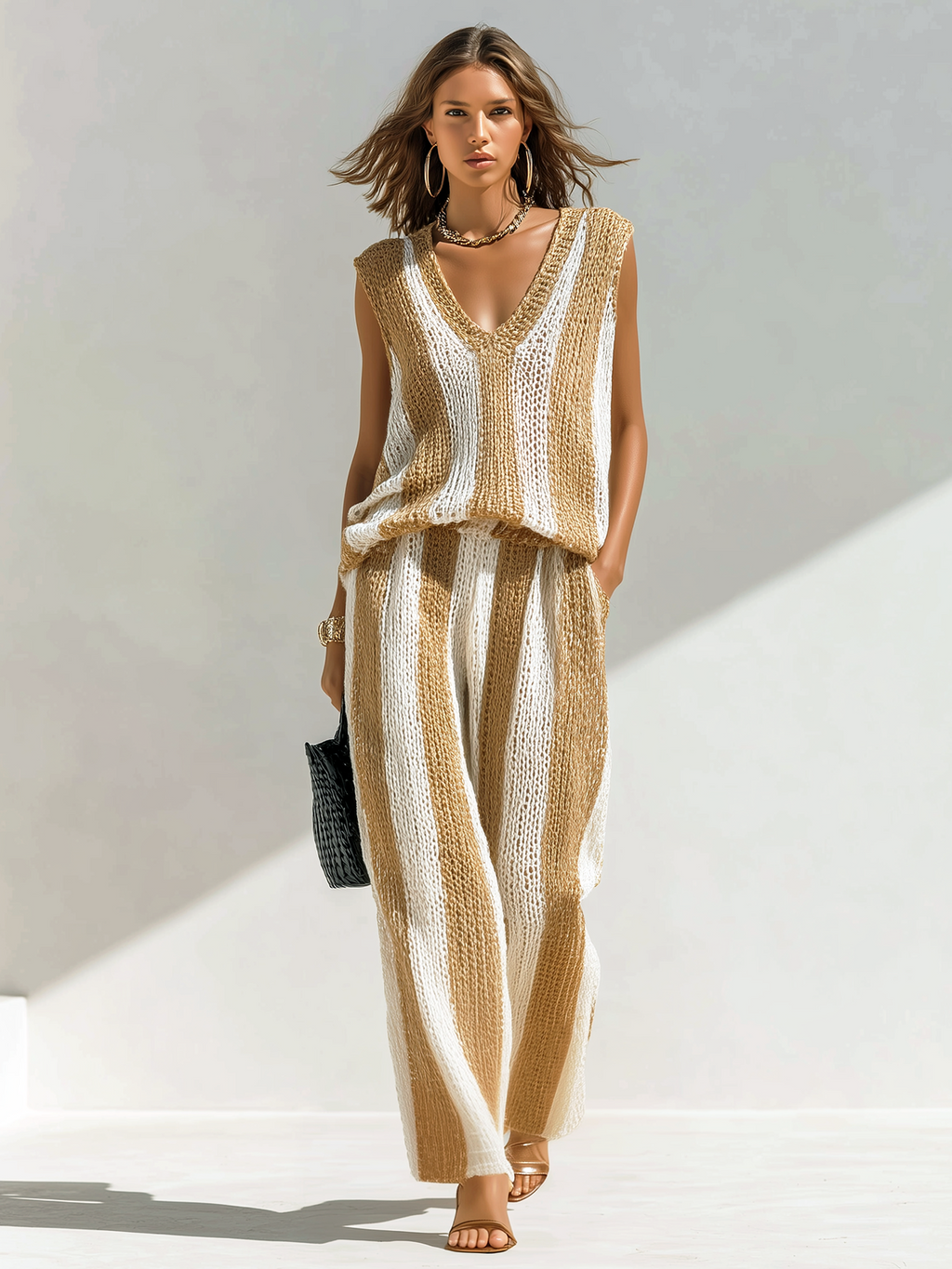 Chic Elegant White-Camel Striped V-Neck Sleeveless Loose Vest Wide-Leg Pants Knit Two-Piece Set