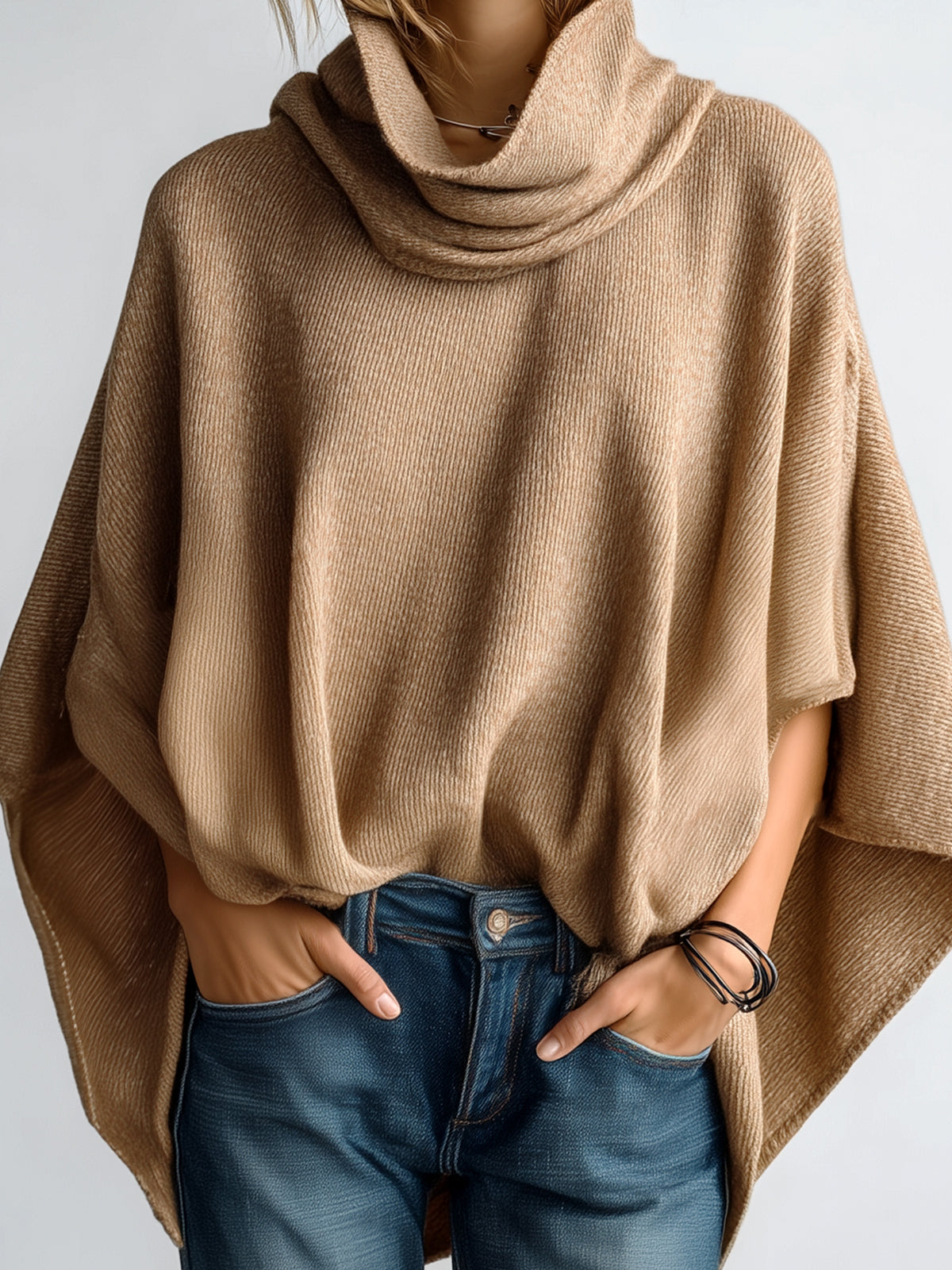 Chic Vintage Camel Cowl Neck Batwing Sleeve Irregular Hem Oversized Knit Sweater
