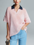 Chic Casual Pink Colorblock Lapel Collar Button-Up Short-Sleeve Loose-Fit Knit Sweater