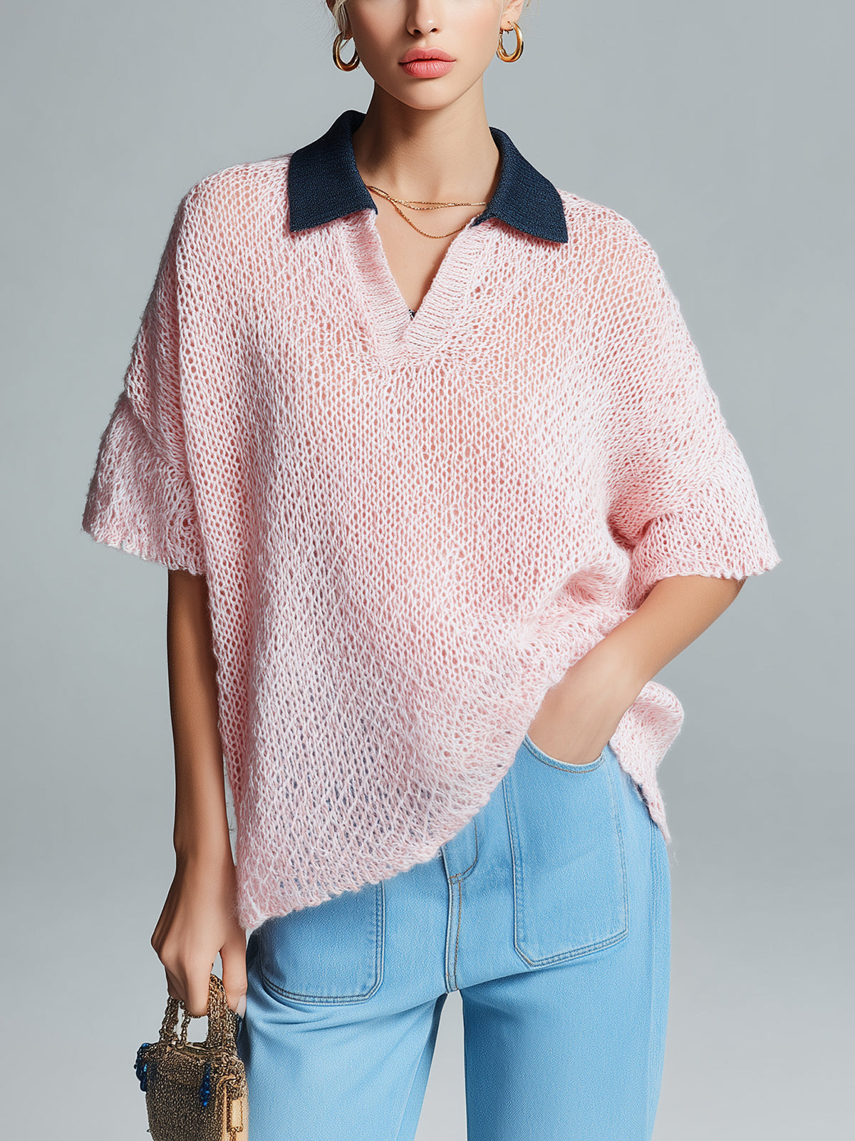 Chic Casual Pink Colorblock Lapel Collar Button-Up Short-Sleeve Loose-Fit Knit Sweater