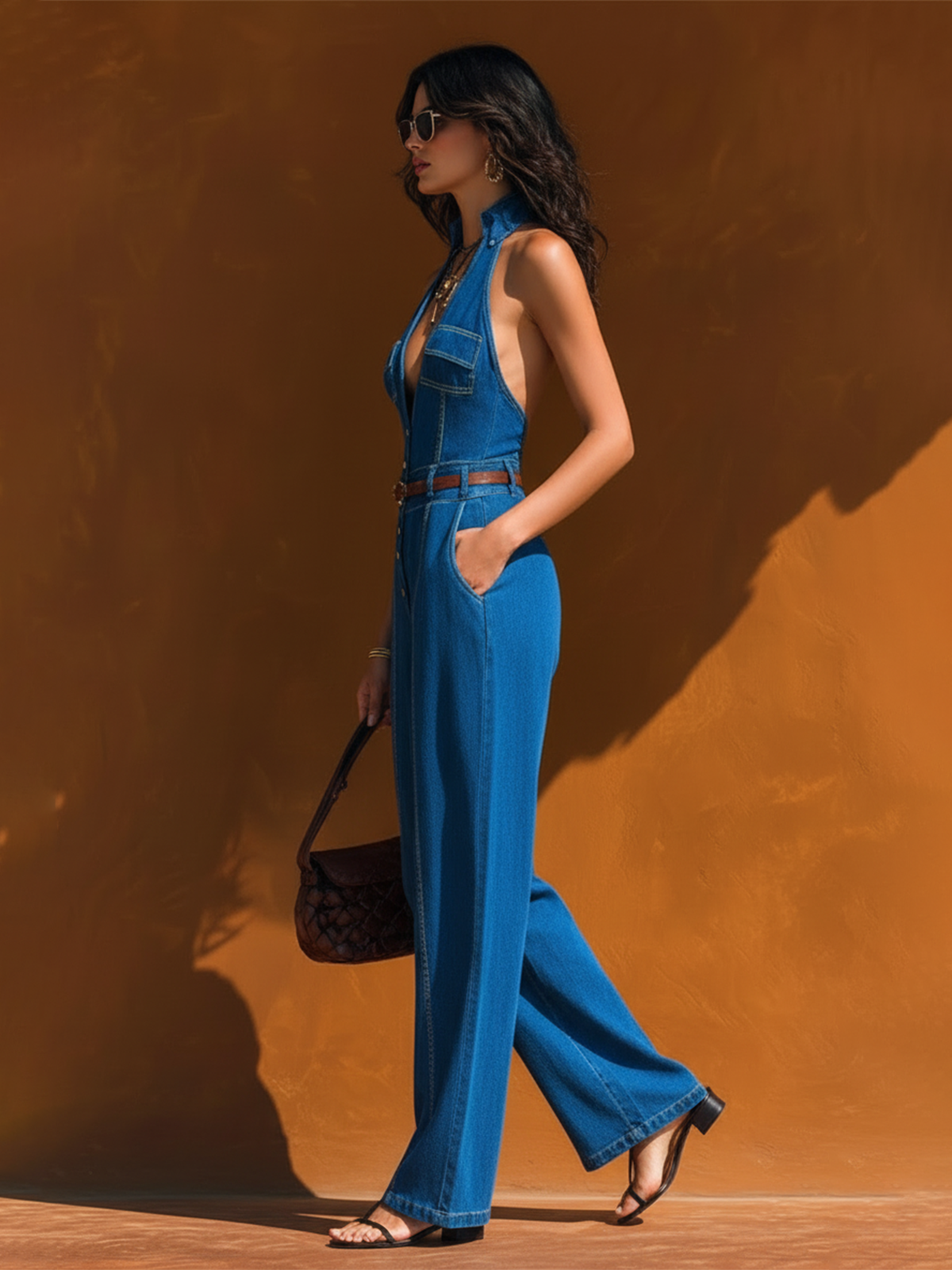 Chic Elegant Blue Halter Lapel Collar V-Neck Sleeveless Slim-Fit Waist Tie Tencel Denim Wide-Leg Jumpsuit