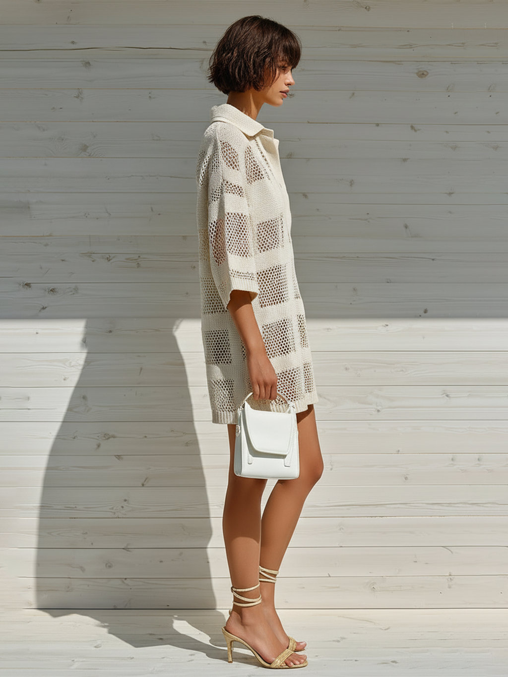 Chic Elegant White Openwork Check Jacquard Lapel Collar Button-Down Short Sleeve Loose Ribbed Knit Mini Dress