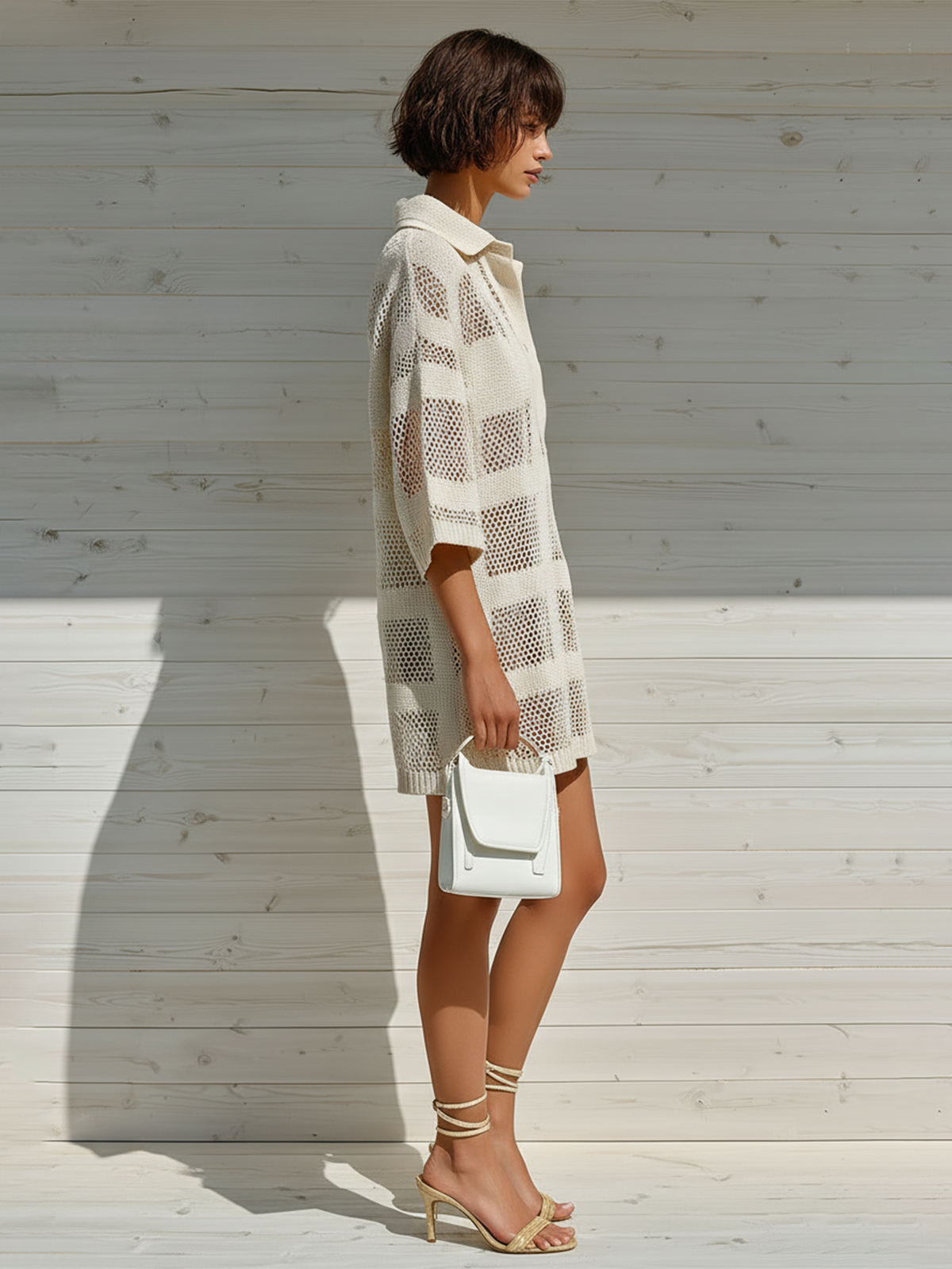 Chic Elegant White Openwork Check Jacquard Lapel Collar Button-Down Short Sleeve Loose Ribbed Knit Mini Dress