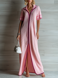 Stylish Elegant Pink Colorblock Lapel Collar Zip-Front Short-Sleeve Loose-Fit Ribbed Knit Maxi Dress
