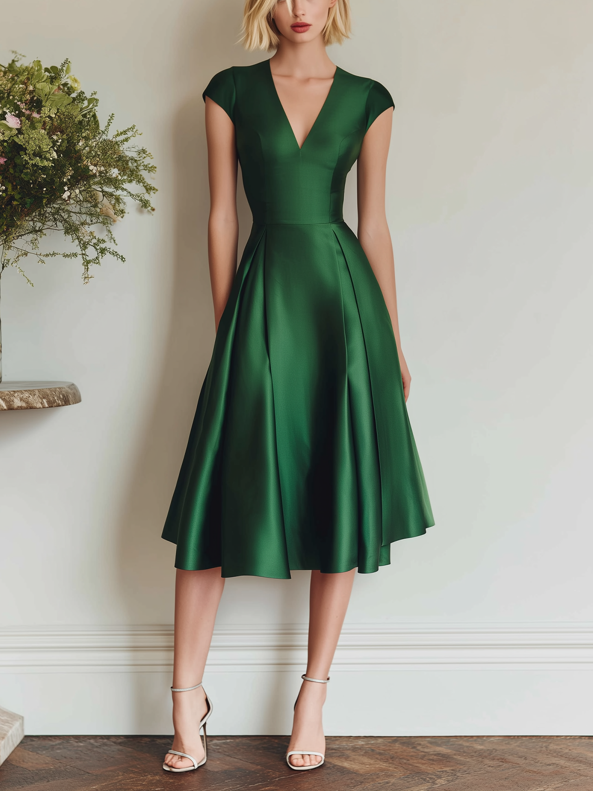 Stylish Elegant Green Cap Sleeve A-Line Slim Sant Midi Dress