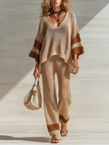 Chic Elegant Camel Colorblock V-Neck Three-Quarter Sleeves Loose Sweater Top Wide-leg Pants Knit Two-Piece Set