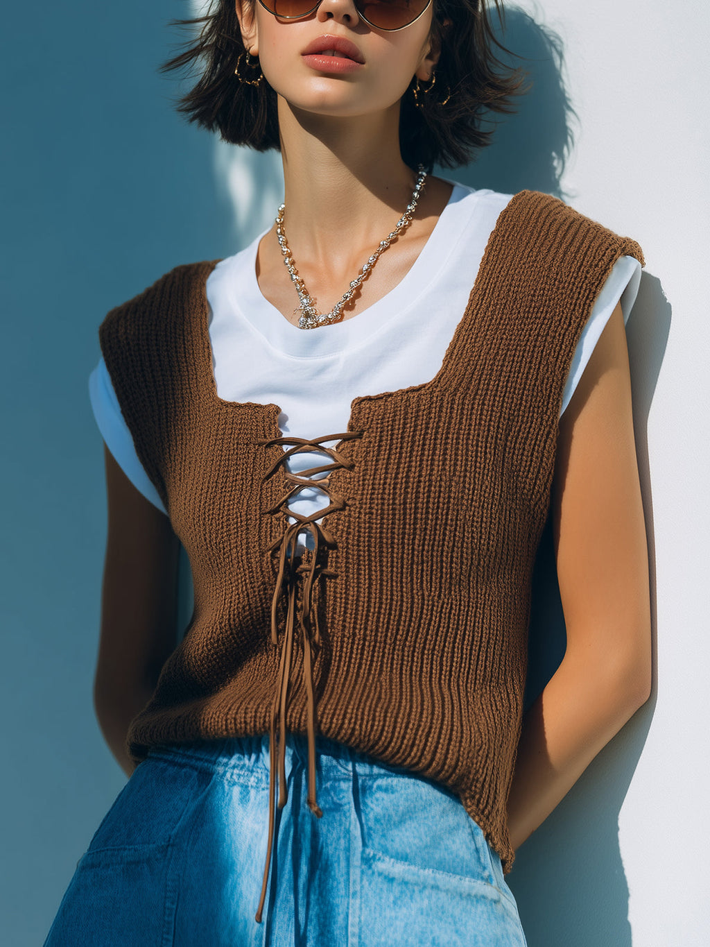 Chic Casual Brown Square Neck Lace-Up Details Loose-Fit Knit Vest