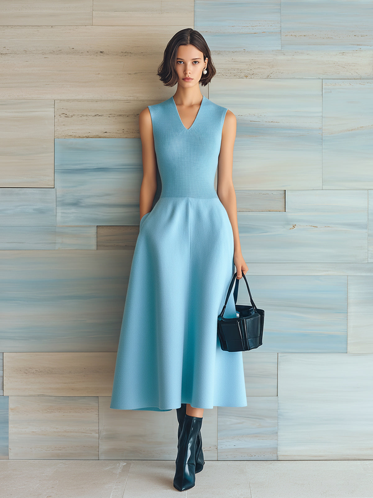 Chic Vintage Light Blue V-Neck Sleeveless Tailored Waist Flared Hem Ribbed Knit Midi Dress
