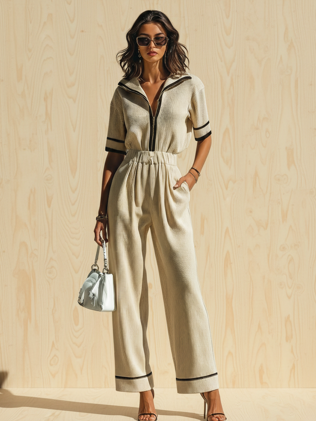 Chic Elegant Beige Colorblock Zipper-Up Lapel Collar Short-Sleeve Loose Sweater Wide-Leg Pants Ribbed Knit Two-Piece Set