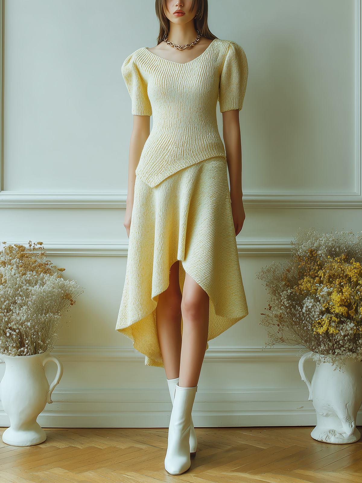 Chic Vintage Light Yellow Crew-Neck Short Puff Sleeve Top Irregular A-line Maxi Skirt Knit Two-Piece Set