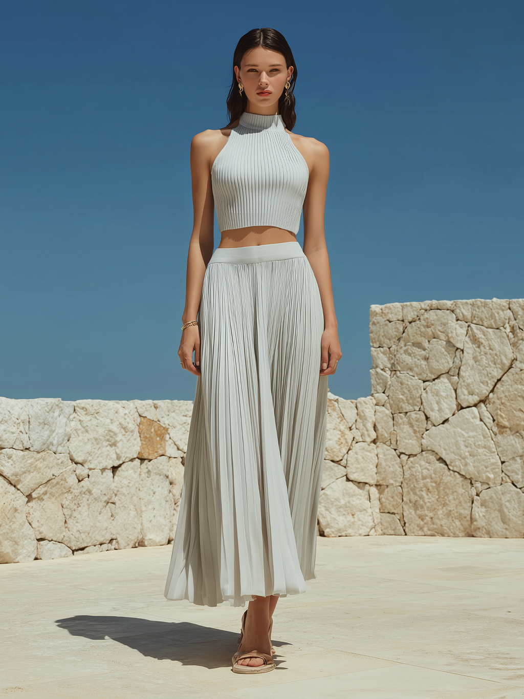 Chic Vintage Light-Gray Round-Neck  Halter-neck Sleeveless Sweater Knit Top Chiffon Pleated Maxi Skirt Two-Piece Set
