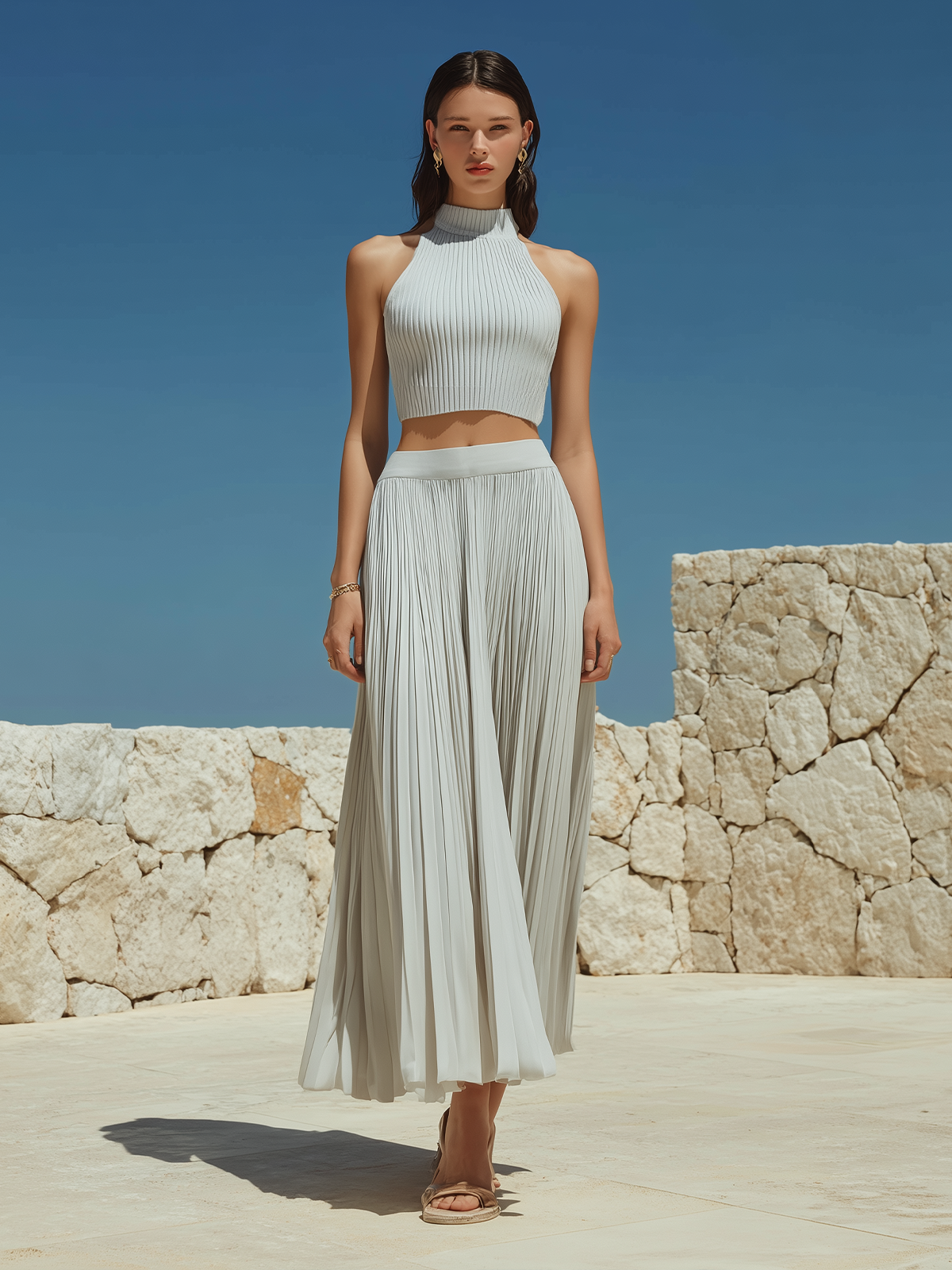 Chic Vintage Light-Gray Round-Neck  Halter-neck Sleeveless Sweater Knit Top Chiffon Pleated Maxi Skirt Two-Piece Set