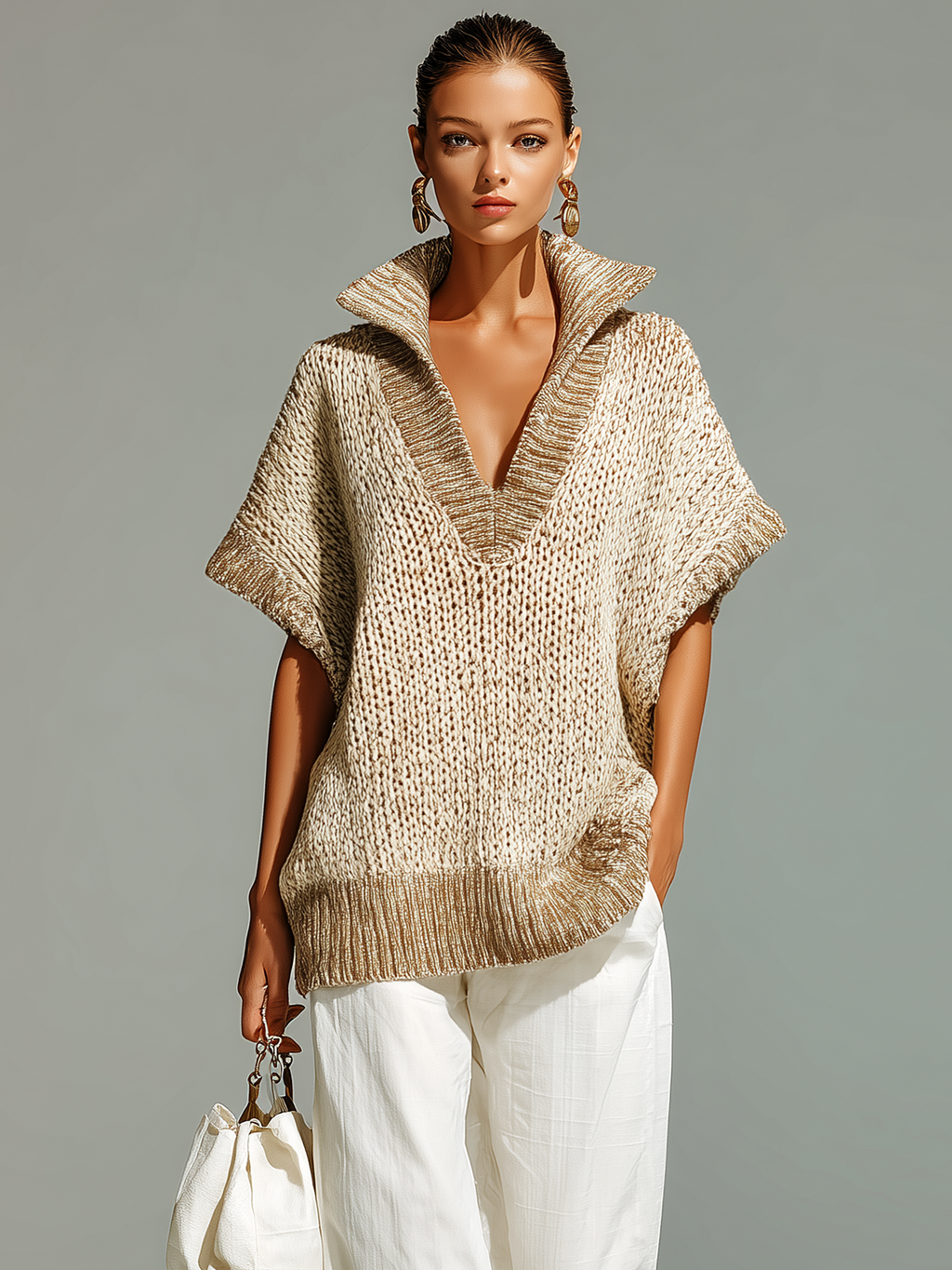 Fashion Casual Beige Stand-Collar Colorblock Loose Sleeveless Knit Vest