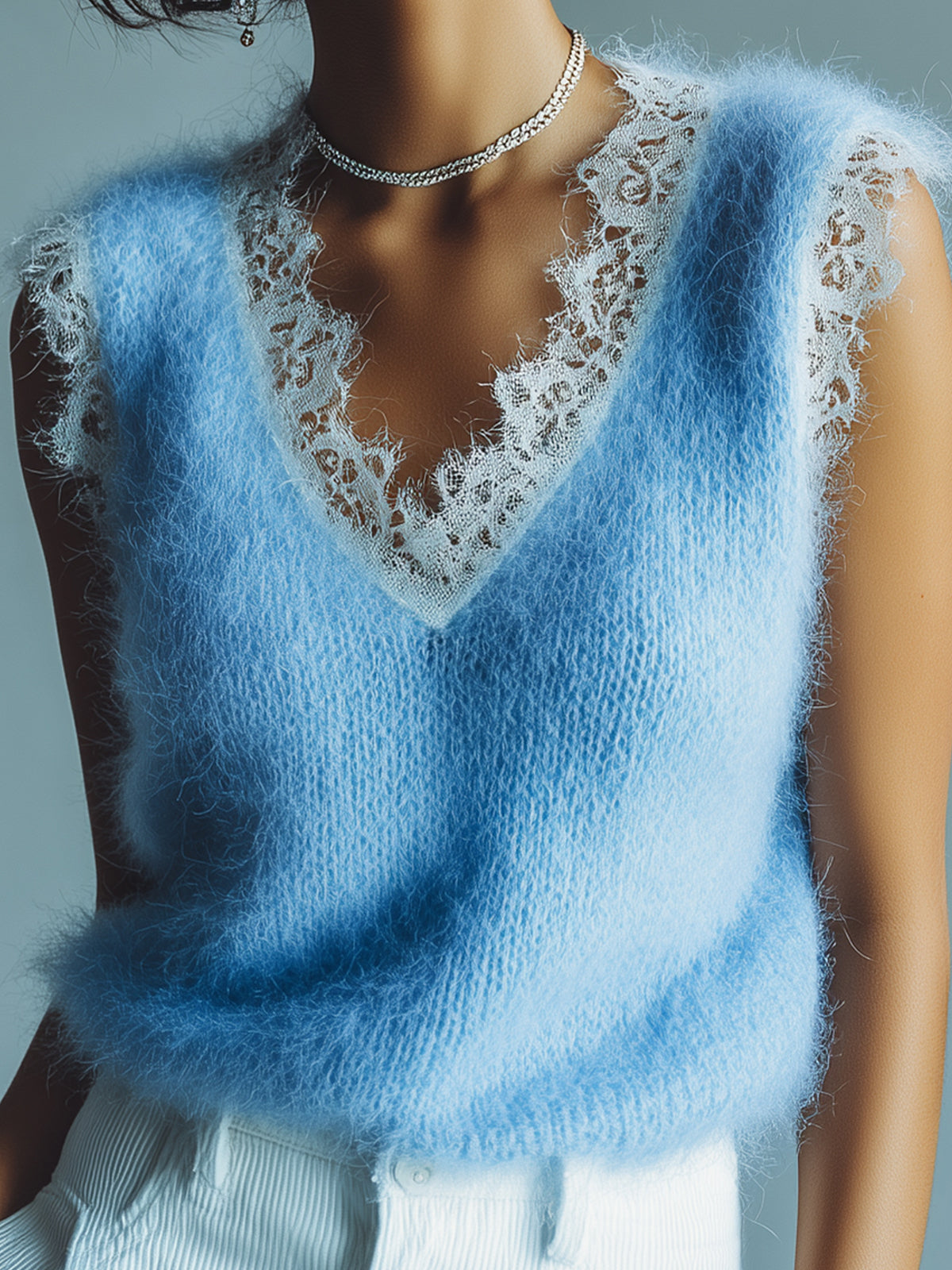 Chic Vintage Blue V-Neck Lace Trim Details Sleeveless Loose-Fit Fuzzy Knit Tank Top