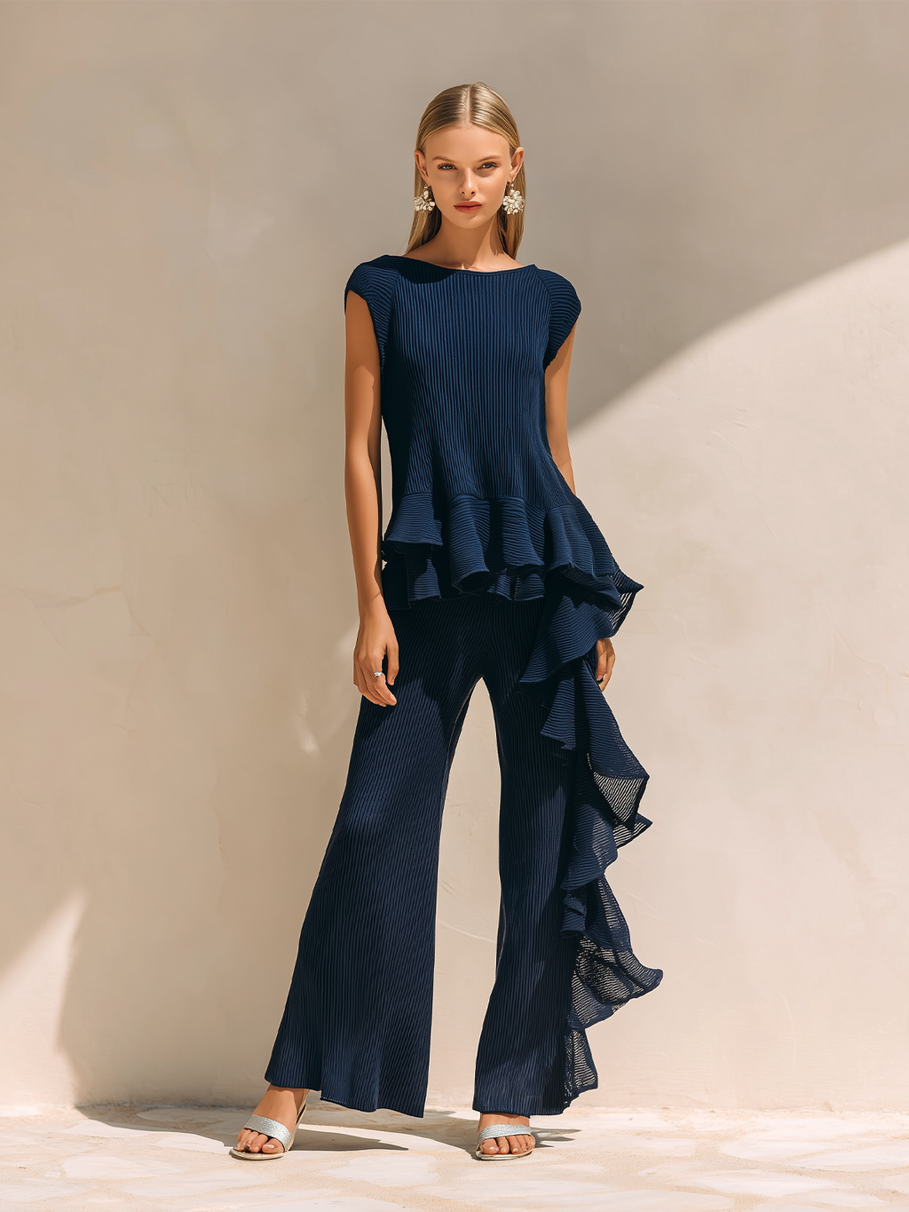 Chic Elegant Deep Blue Ruffles Round-Neck Cap Sleeve Loose Tops Wide-Leg Ruffles Pants Rib Knit Two-Piece Set