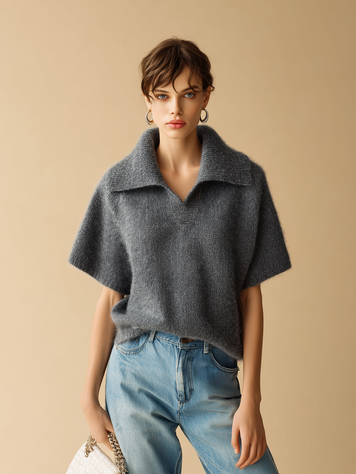 Chic Vintage Dark Gray Oversize Lapel Short Sleeve Loose-Fit Soft Knit Sweater Top