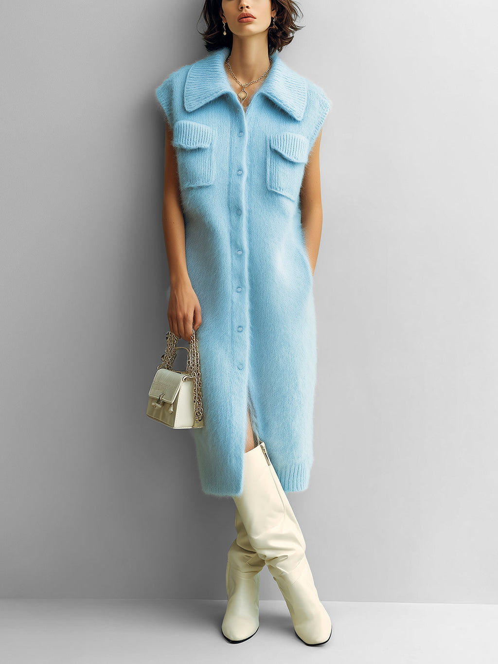 Chic Vintage Blue Lapel Single-Breasted Sleeveless Oversize Multi-Pocket Details Fuzzy Knit Midi Dress