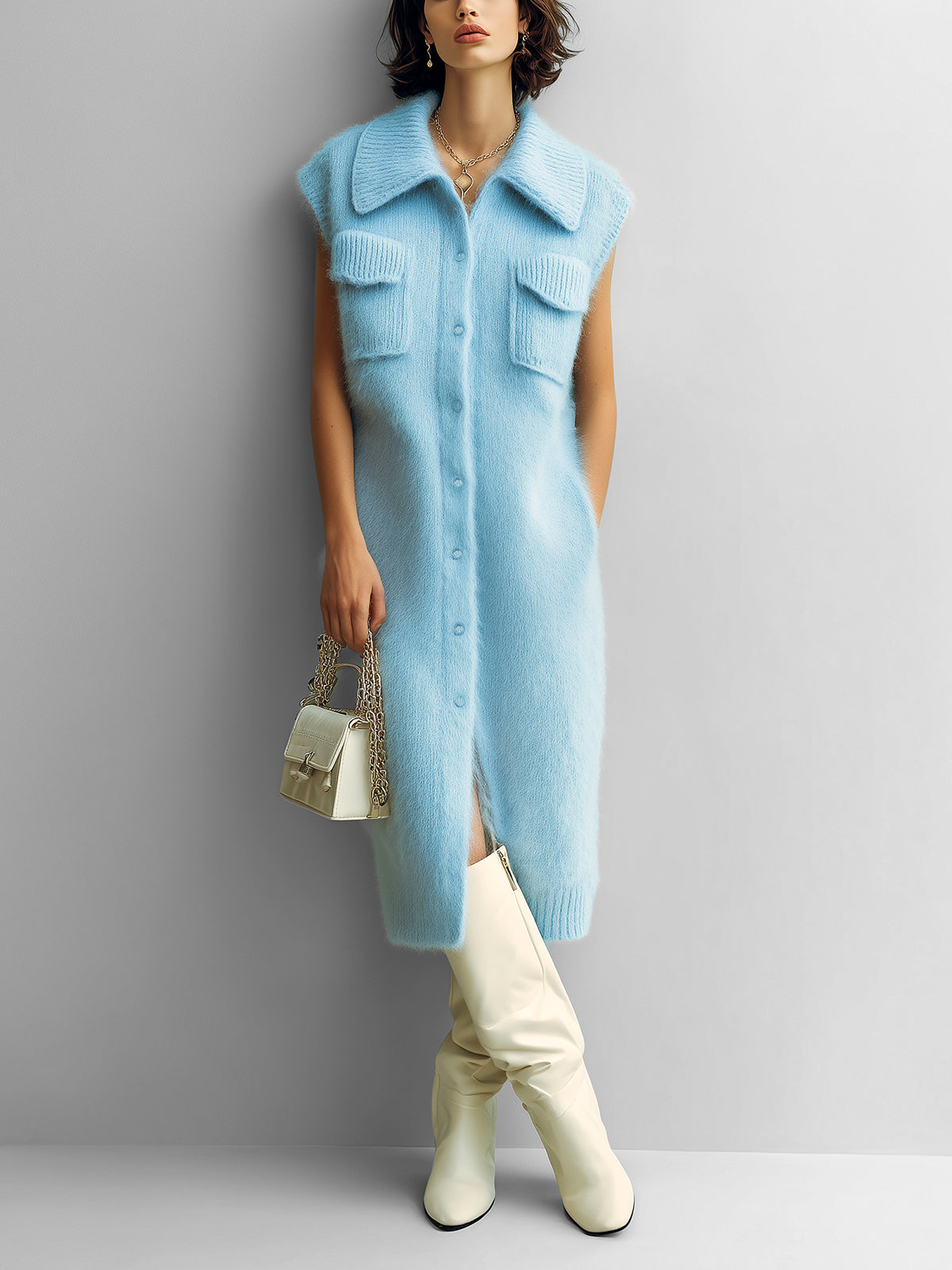 Chic Vintage Blue Lapel Single-Breasted Sleeveless Oversize Multi-Pocket Details Fuzzy Knit Midi Dress