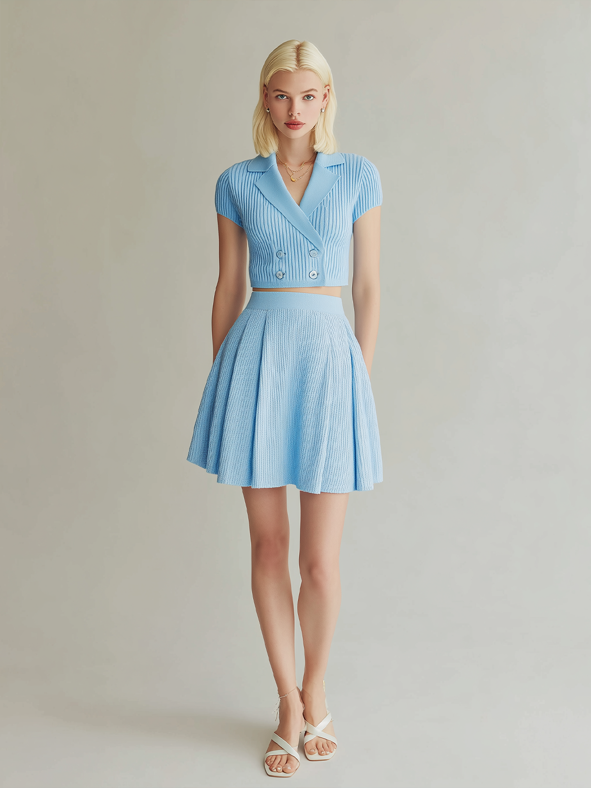 Chic Vintage Light Blue Notch Lapel Short Sleeve Button-Up Tops Elastic Waist Skirt Knit Two-Piece Set