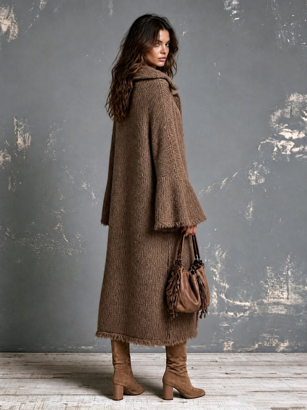 Chic Elegant Brown Lapel-Collar Single-Breasted Long-Flare-Sleeve Raw Edge Detail Side-Slit Loose-Fit Wool Blend Knit Maxi Dress