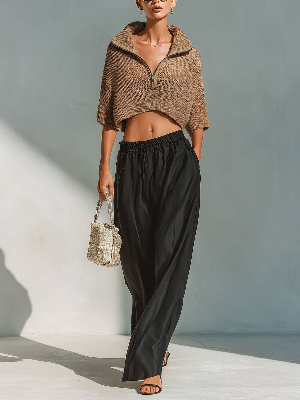 Chic Elegant Brown Zipper-Up Lapel Collar Half-Sleeve Loose-Fit Knit Cropped Sweater Black Satin Pants Two-Piece Set