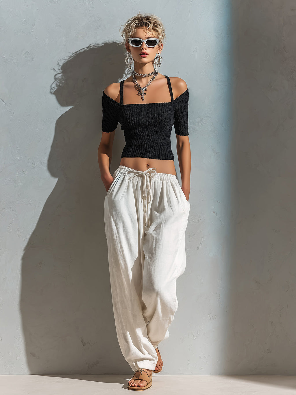 Chic Elegant Black Strappy Off-The-Shoulder Short-Sleeve Slim-Fit Knit Top White Cotton Linen Blend Drawstring-Waist Wide-Leg Pants Two-Piece Set