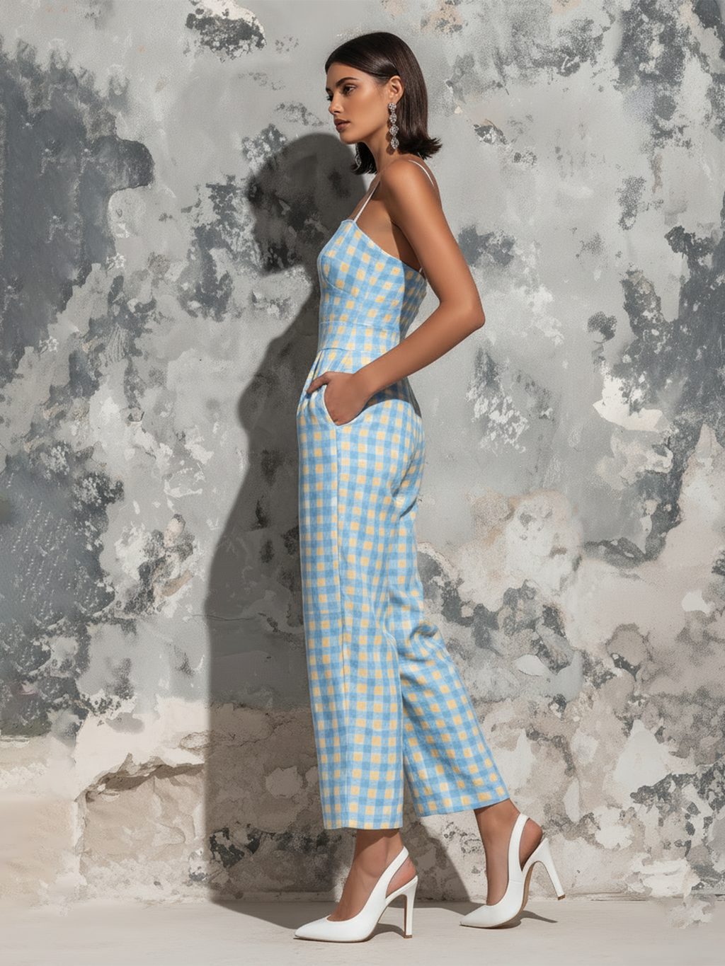 Chic Elegant Light Blue Gingham Check Cotton Blend Spaghetti Straps Square Neck Sleeveless Tailored-Waist Loose-Fit Wide-Leg Cropped Jumpsuit
