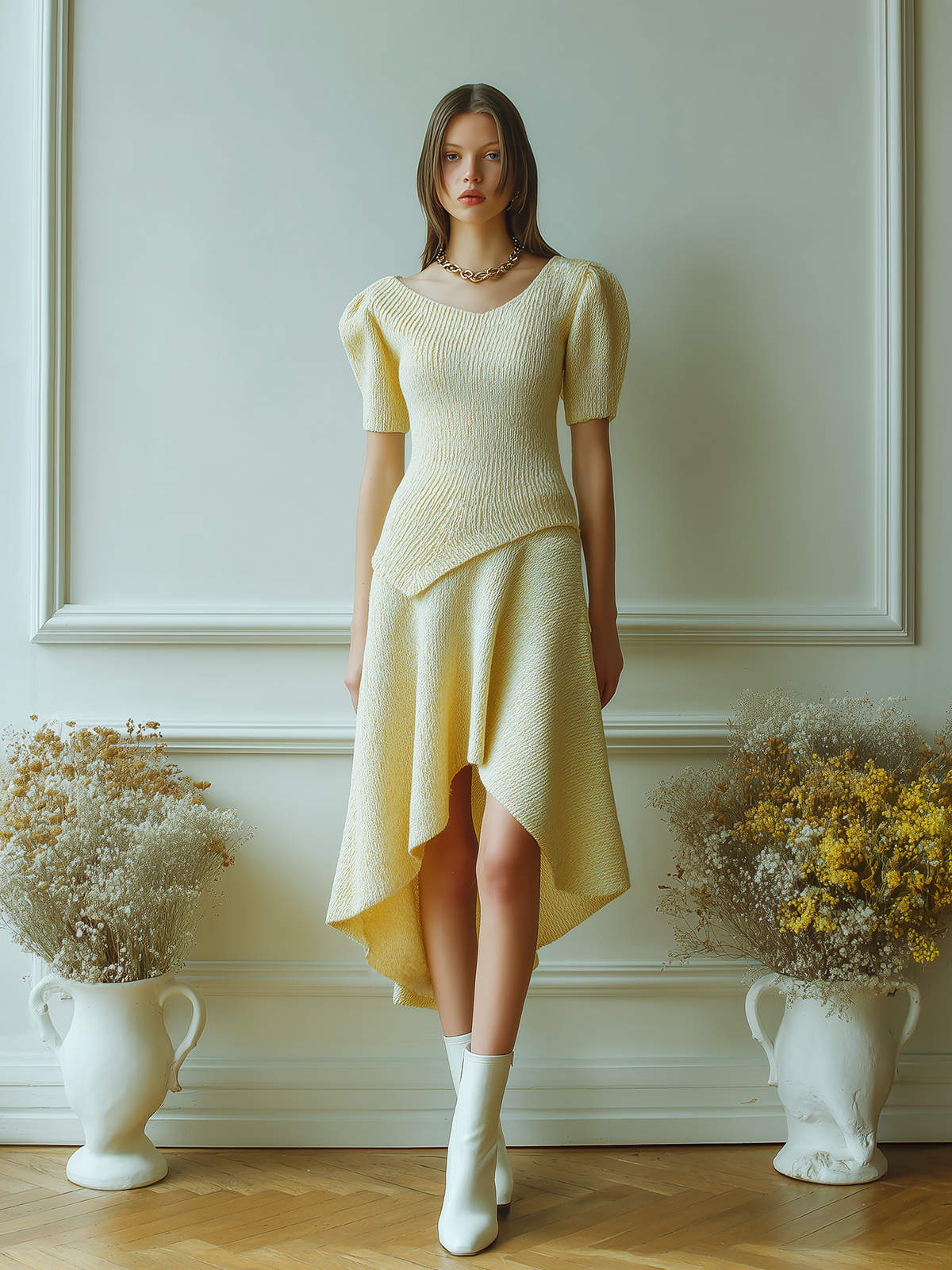 Chic Vintage Light Yellow Crew-Neck Short Puff Sleeve Top Irregular A-line Maxi Skirt Knit Two-Piece Set