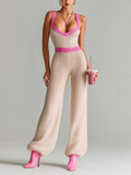 Chic Elegant Light Pink V-Neck Sleeveless Slim-Fit Contrast Trim Tailored Waist Lantern Pants Knit Jumpsuit