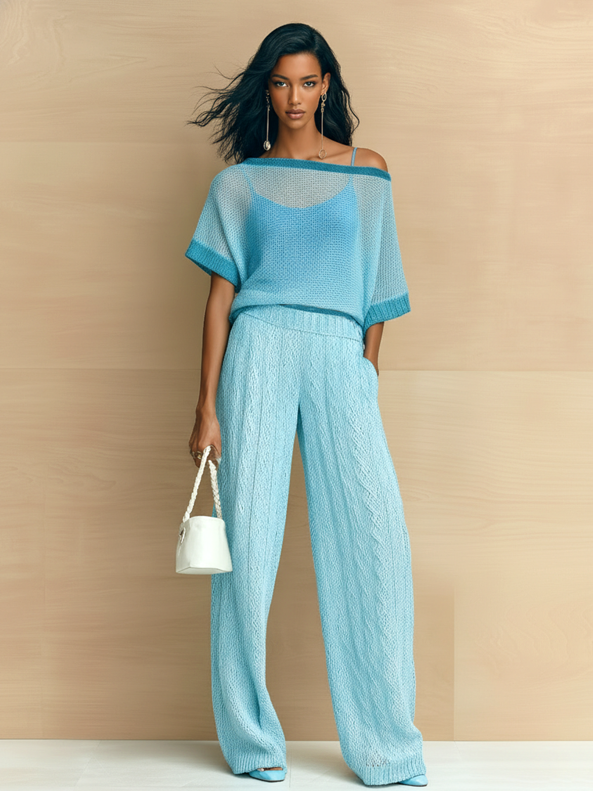 Chic Elegant Blue Colorblock One-Shoulder Short-Sleeve Loose Sweater Top Cable Wide-Leg Pants Ribbed Knit Two-Piece Set