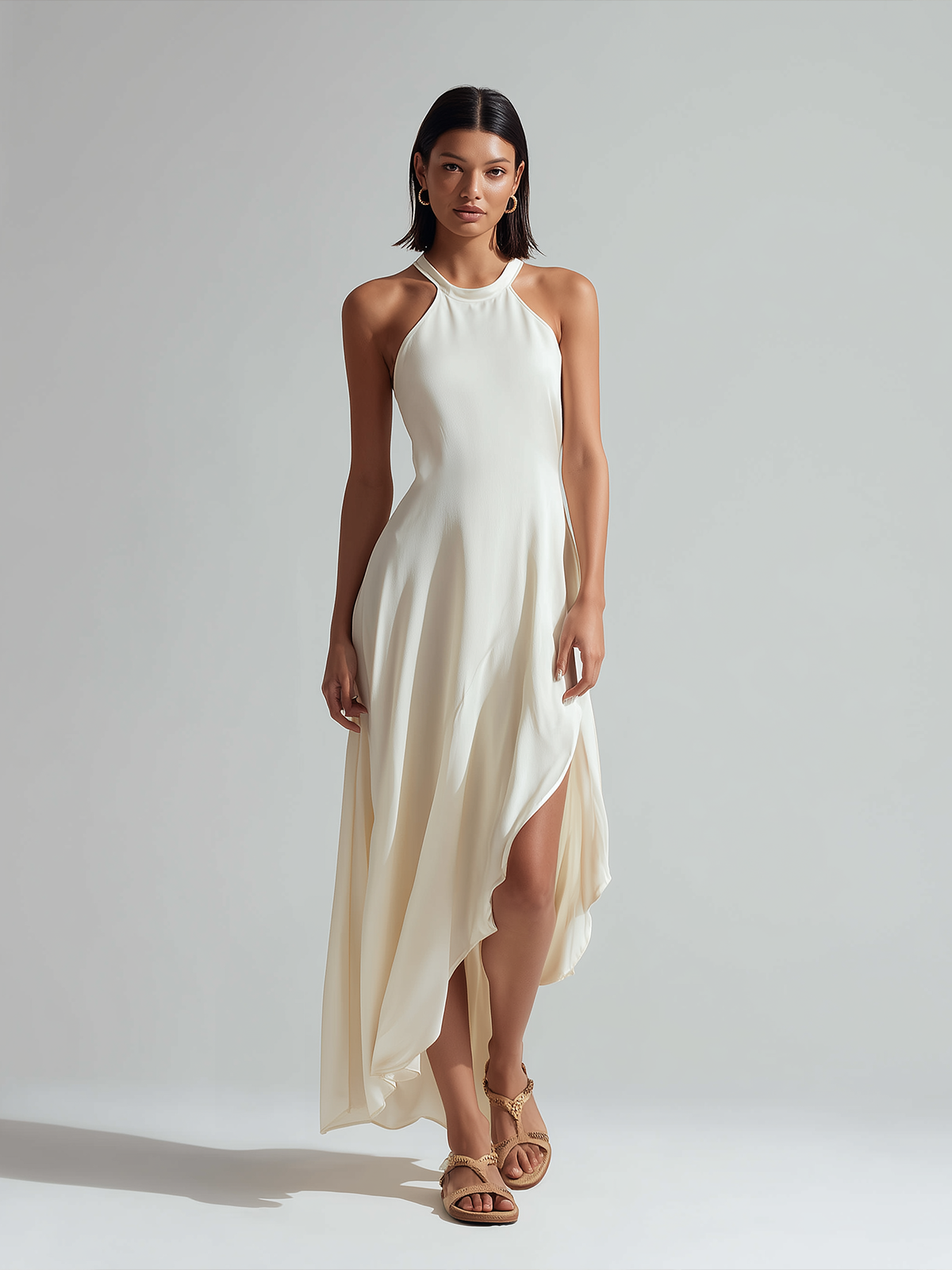 Chic Elegant White Round-Neck Halter-neck Sleeveless Slim-Fit Side-Slit Satin Maxi Dress