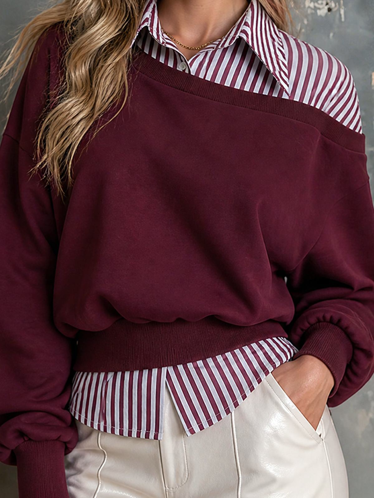 Chic Casual Burgundy Contrast Stripe Off‑Shoulder Faux Two‑Piece Lapel-Collar Long-Sleeve Loose-Fit French Terry Sweatshirt
