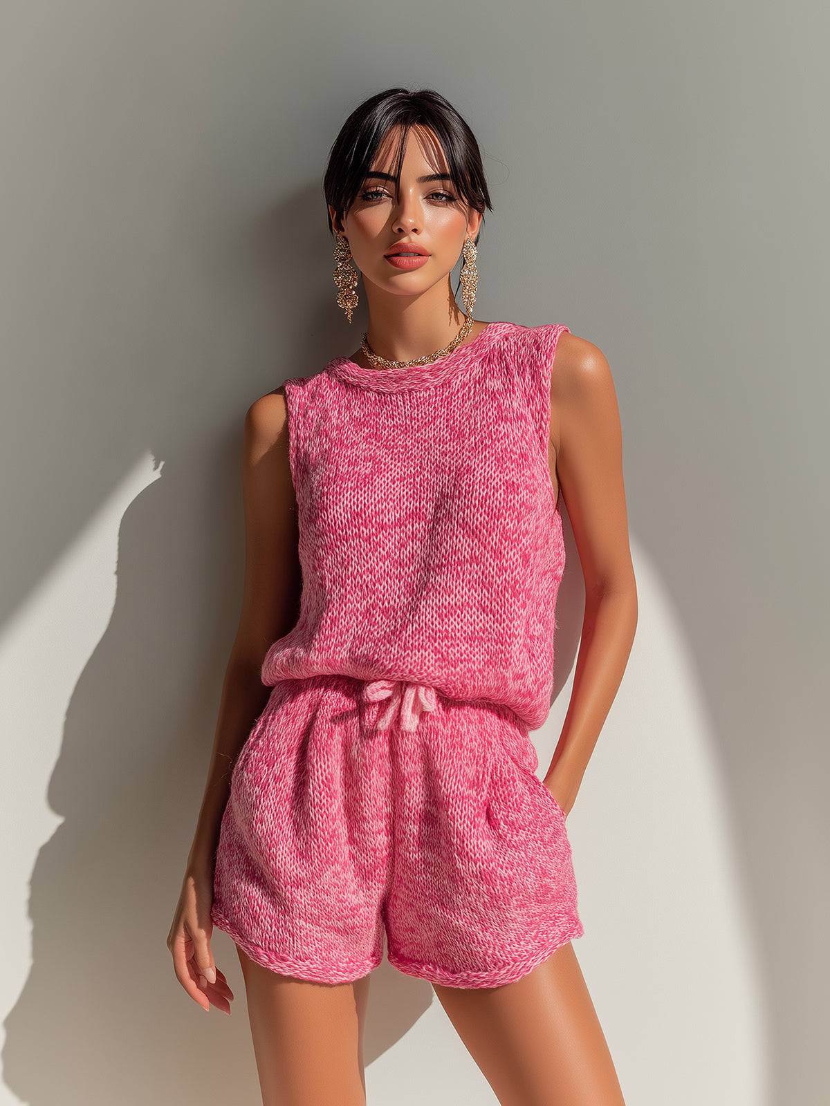 Chic Elegant Hot Pink Round-Neck Sleeveless Loose-Fit Vest Top Elastic-Waist Shorts Knit Two-Piece Set
