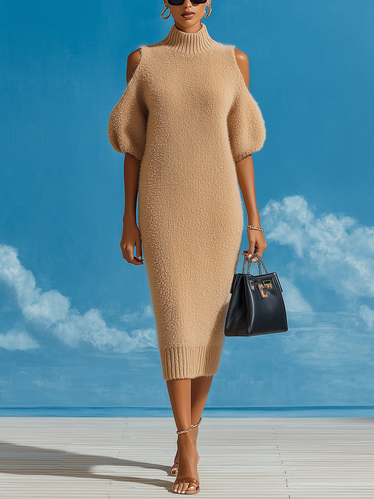 Chic Vintage Camel Mock Neck Cold Shoulder Short Sleeve Oversized Knit Midi Dress