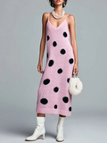 Stylish Elegant Pink Polka Dot V-Neck Strappy Loose Ribbed Knit Midi Dress