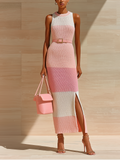 Chic Elegant Pink-White Colorblock Crew-Neck Sleeveless Slim-Fit Waist Tie Side Slit Knit Maxi Dress