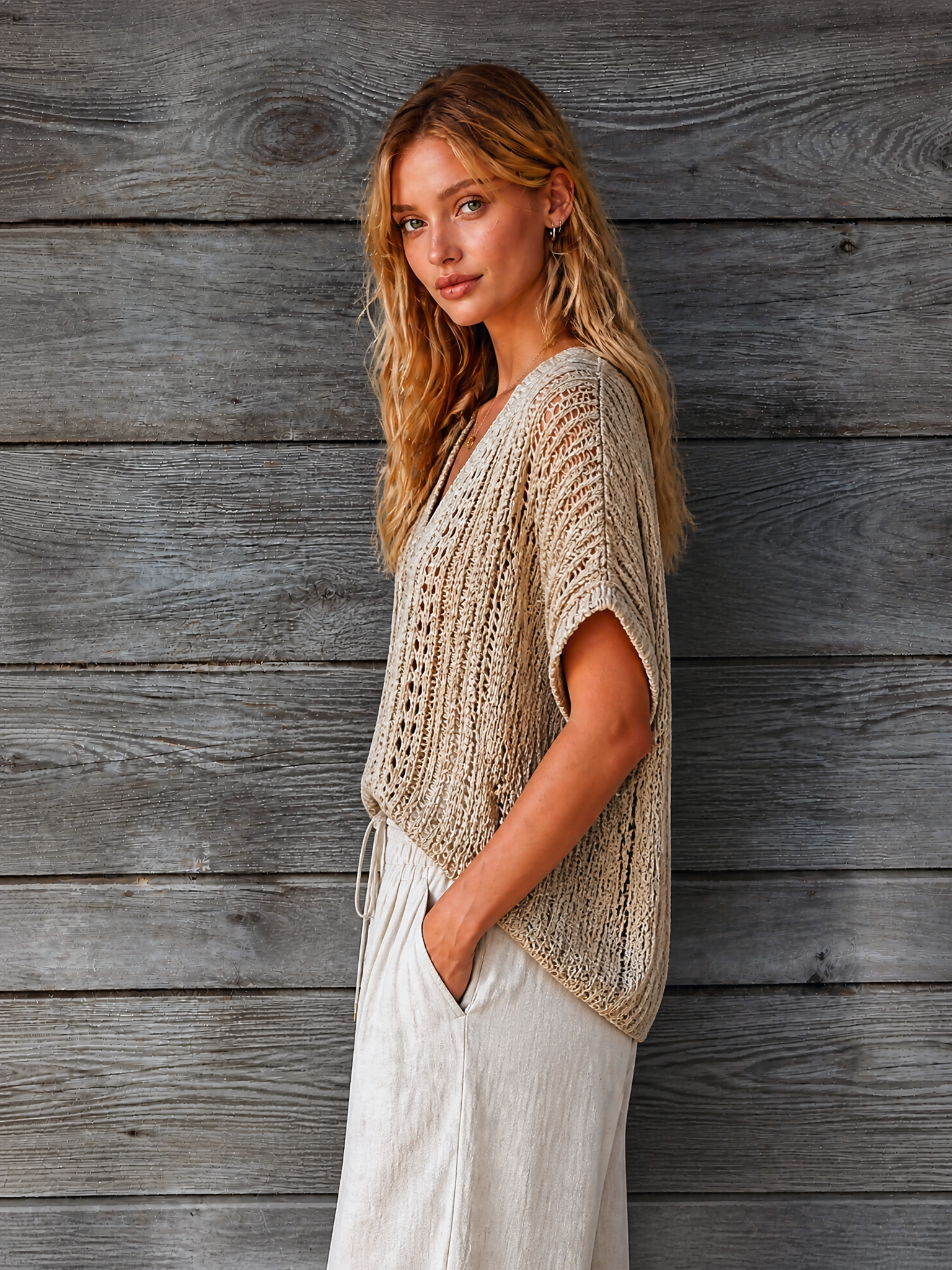 Chic Elegant Sand Beige V-Neck Batwing Short Sleeve Loose-Fit Hollow-Out Knit Sweater Top