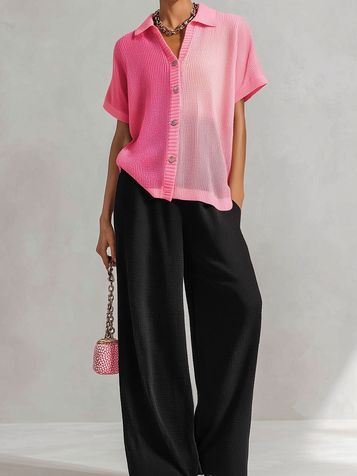 Chic Elegant Pink Colorblock Lapel Single-Breasted Short-Sleeve Loose-Fit Knit Cardigan Top Black Wide-Leg Pants Knit Two-Piece Set